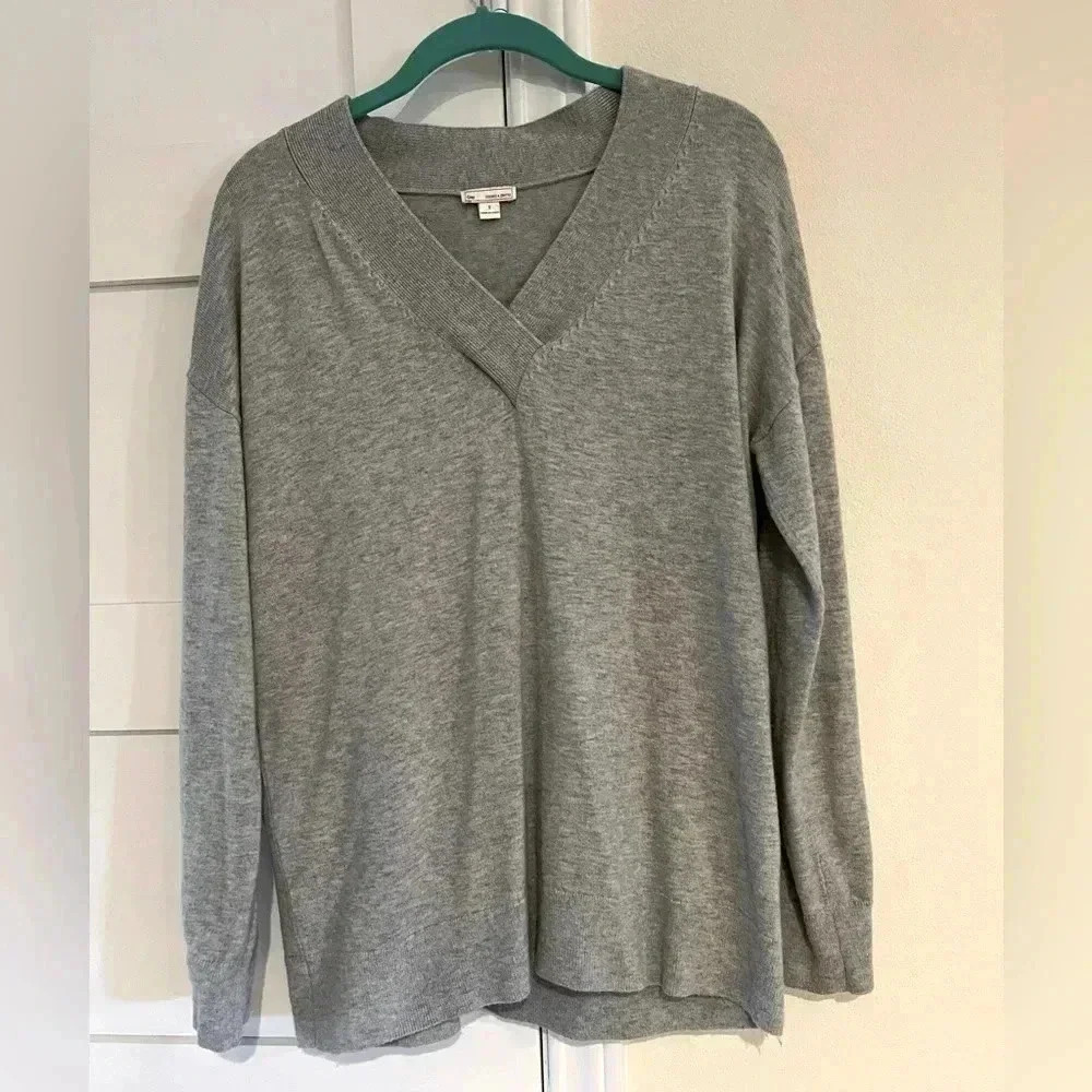 GAP Light Gray V Neck Extra Fine Merino Wool Sweater Size Small EUC